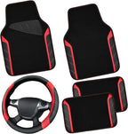CAR PASS Funda para volante de cuero y alfombrillas de coche impermeables, combo universal de microfibra para coche, diseño deportivo antideslizante seguro y cómodo de 14.5-15 pulgadas para el 95 % de