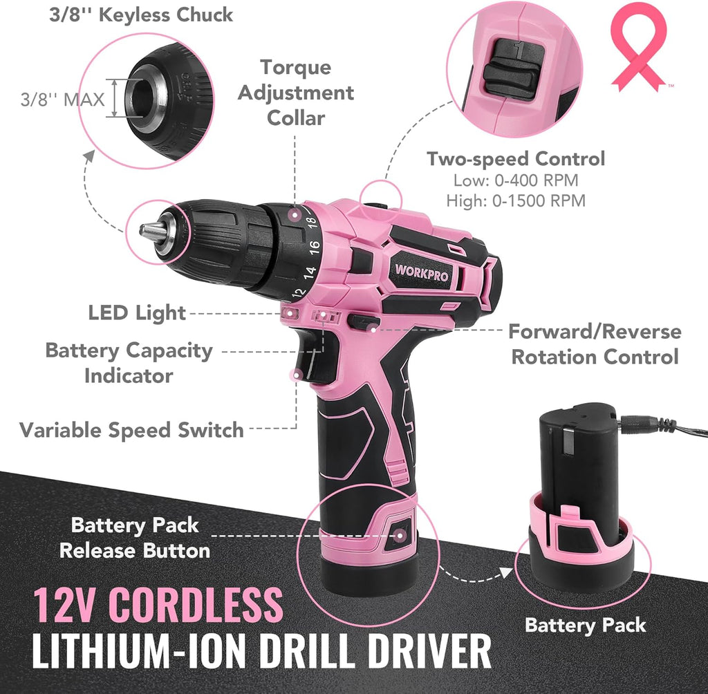 WORKPRO Juego de taladro rosa inalámbrico de 12 V para mujeres