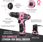WORKPRO Juego de taladro rosa inalámbrico de 12 V para mujeres