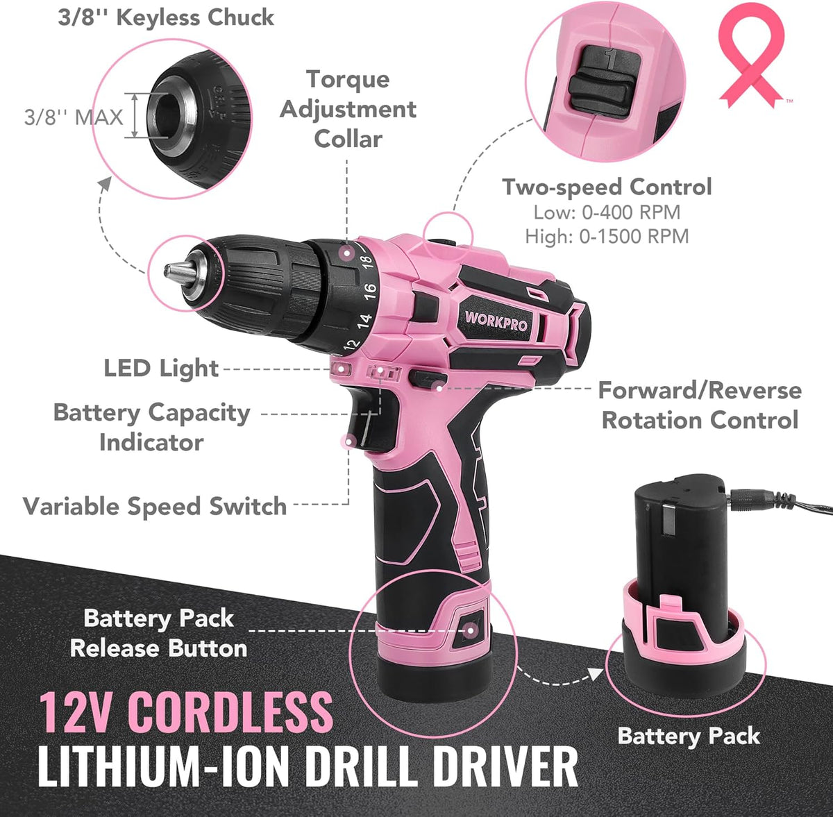 WORKPRO Juego de taladro rosa inalámbrico de 12 V para mujeres