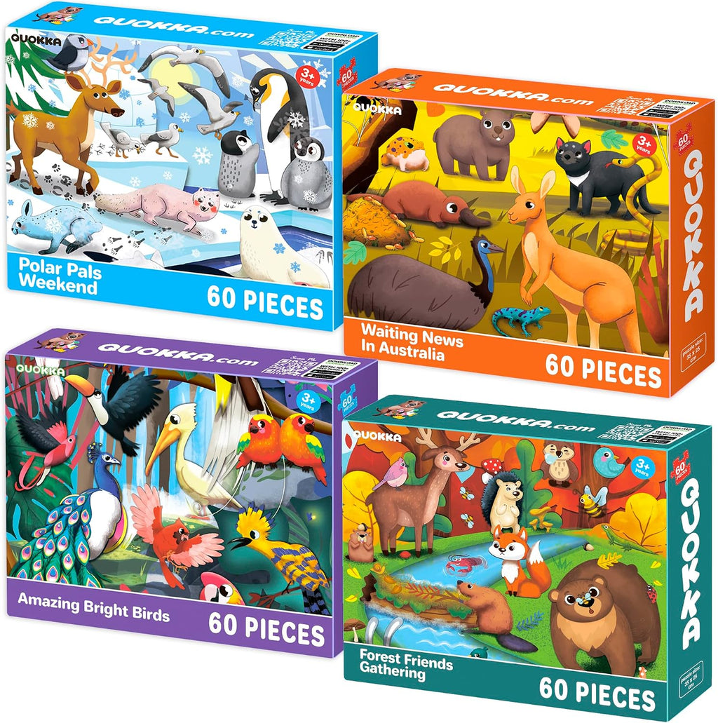 QUOKKA Rompecabezas para niños de 4 a 6 años – Juego de rompecabezas de 4 x 60 para niños pequeños de 3 a 5 años – Polar, pájaros, animales juguetes para niños de 6 a 8 años – Juego educativo de