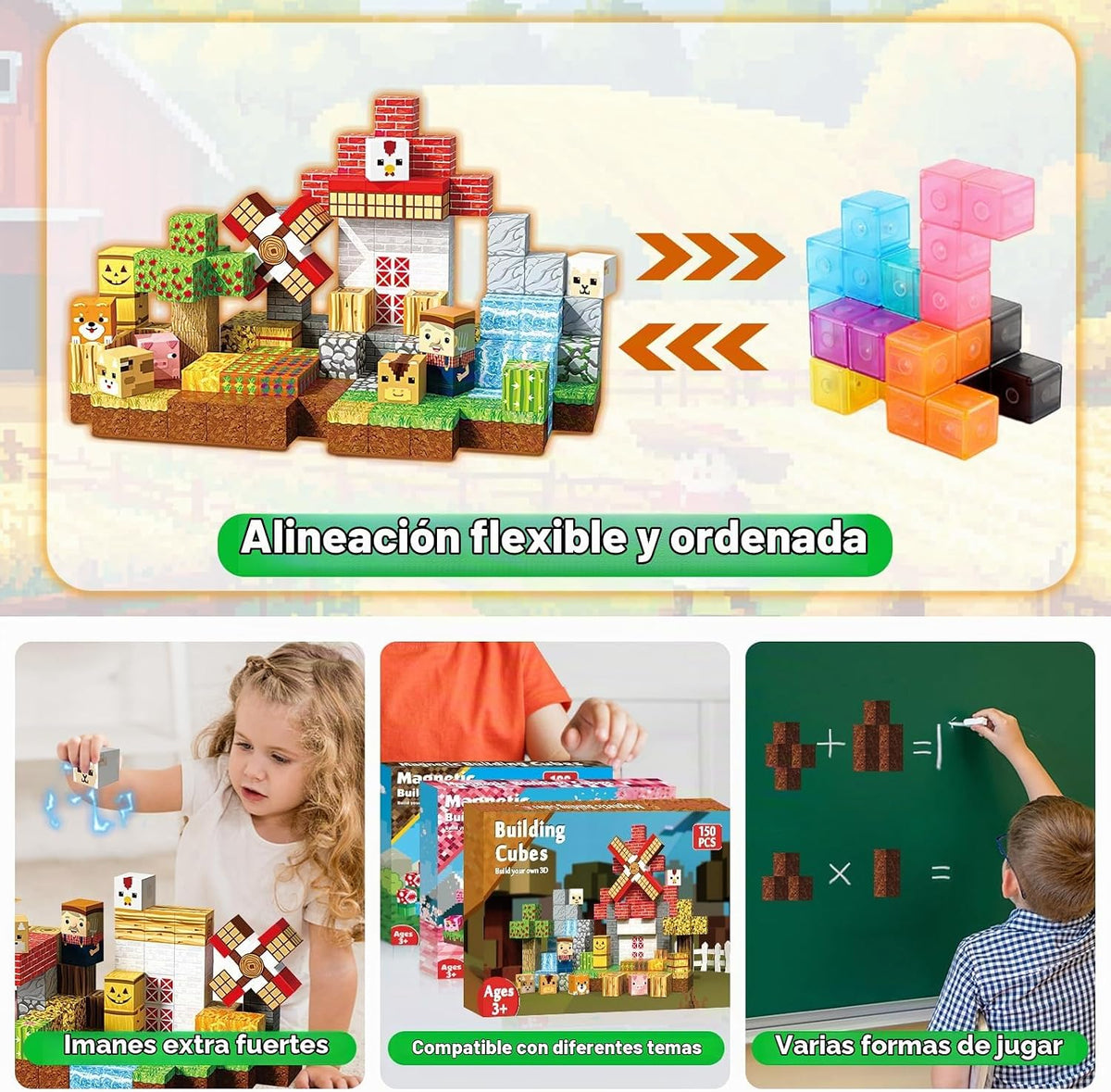 150 bloques magnéticos, bloques de construcción magnéticos de animales de granja, cubos magnéticos apilables para niños, juguete de construcción magnético para niños y niñas, juguete sensorial STEM Montessori para edades de 3 a 12 años, regalo de cumpleañ