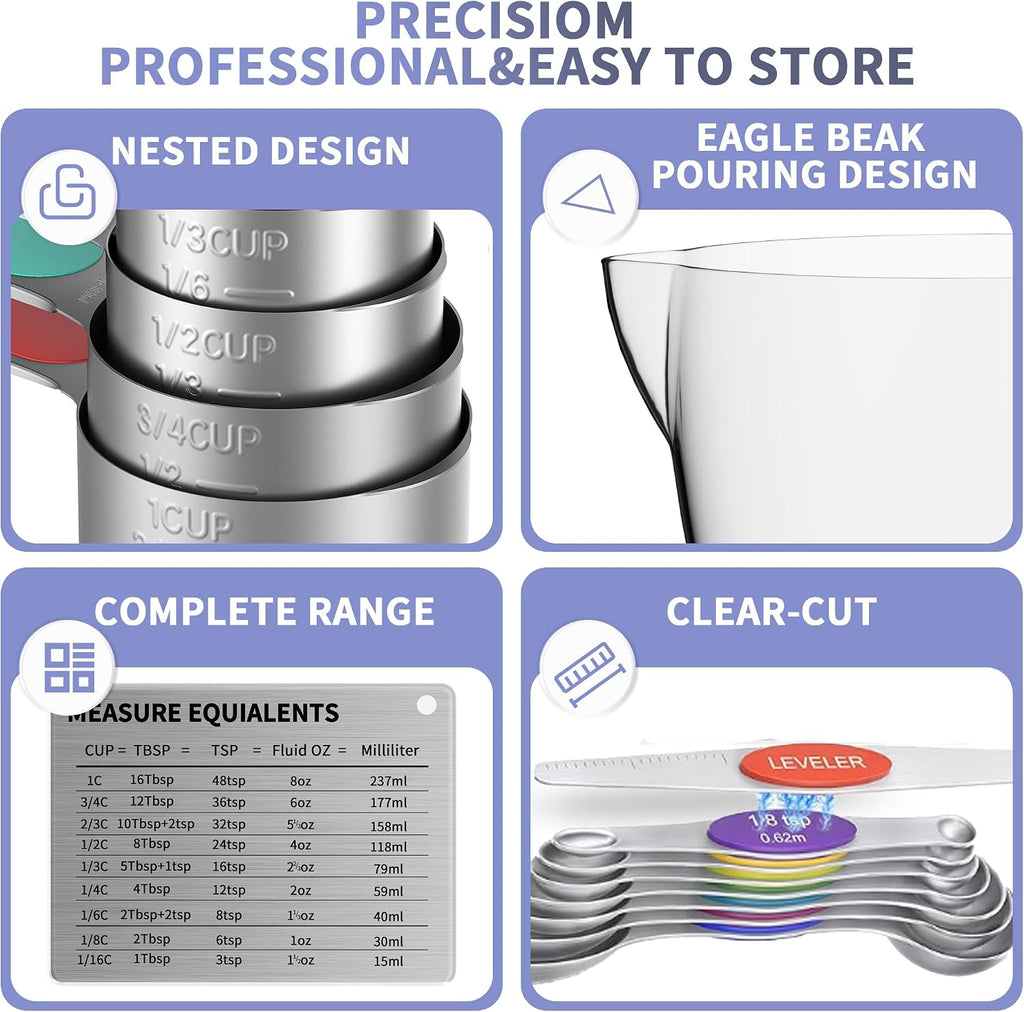 Juego de tazas y cucharas medidoras magnéticas de acero inoxidable para cocinar y hornear, 3 tazas medidoras de plástico, 5 tazas medidoras magnéticas, 7 cucharas medidoras magnéticas, 1