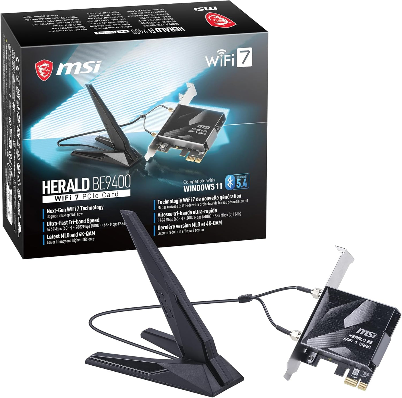 MSI Herald WiFi 7 PCIe Card para PC de sobremesa BE9400 Tri-Band, B...