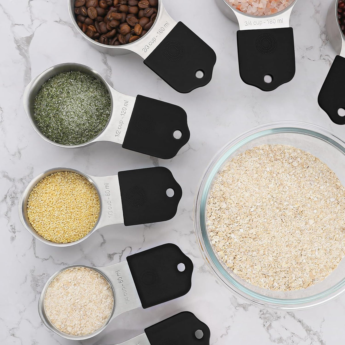 Juego de 16 tazas y cucharas medidoras magnéticas, juego de 7 tazas medidoras magnéticas de acero inoxidable y cucharas medidoras magnéticas con nivelador para ingredientes líquidos secos (7, negro)