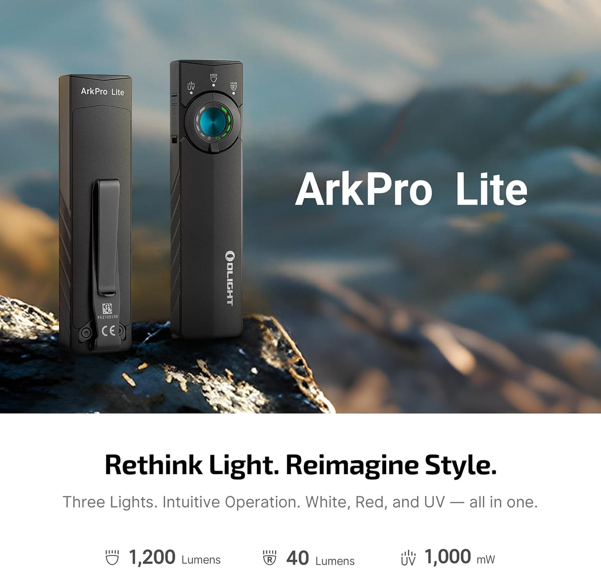 OLIGHT ArkPro Lite Linterna Plana de Bolsillo, Recargable Portátil de 1200 Lúmenes con LED Blanco, Luz Roja y Luz UV, Fuentes Triples para Detección de Orina de Mascotas, Acampada, Emergencia, Trabajo