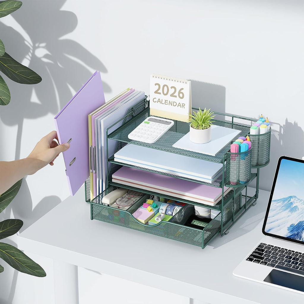 Lámpara gianotter Organizador de escritorio de 4 niveles con cajones, soportes para archivos, bandejas para cartas y soportes para bolígrafos, accesorios de espacio de trabajo para suministros de oficina
