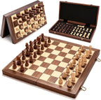 Juego de ajedrez magnético de madera, tablero de ajedrez plegable de 15 pulgadas con 2 ranuras de almacenamiento extra para reinas y piezas, juego de mesa de ajedrez de viaje portátil para adultos y