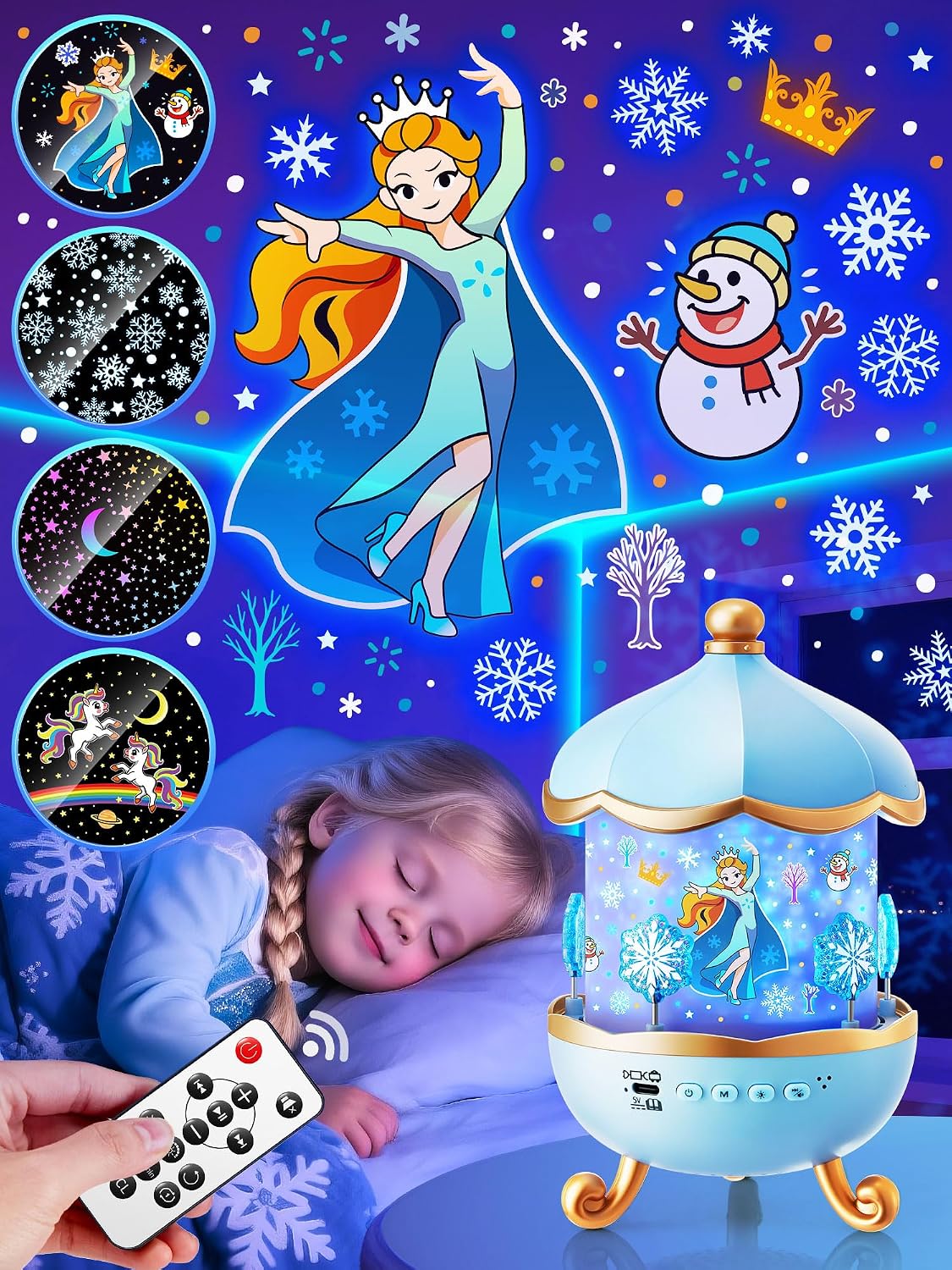 Frozen Toys, 15 música+16 películas+315 colores luz nocturna para niños, 360° + control remoto+proyector inalámbrico de estrellas para niños, proyector de luz nocturna