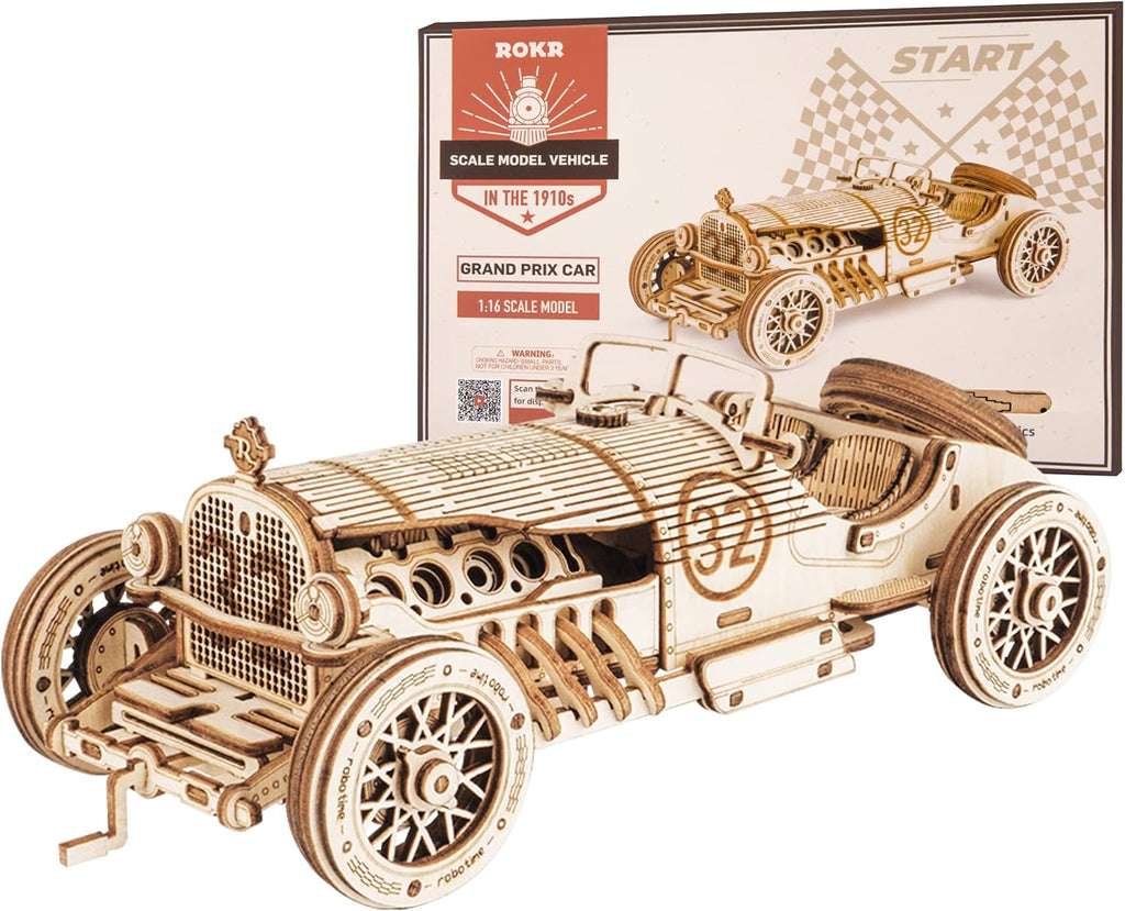 ROKR Rompecabezas de madera 3D para adultos, kit de modelo de coche mecánico, rompecabezas de acertijos, kit de construcción de vehículo, regalo único para adultos en cumpleaños/Navidad (escala 1:16) (MC401-Grand Prix Car)
