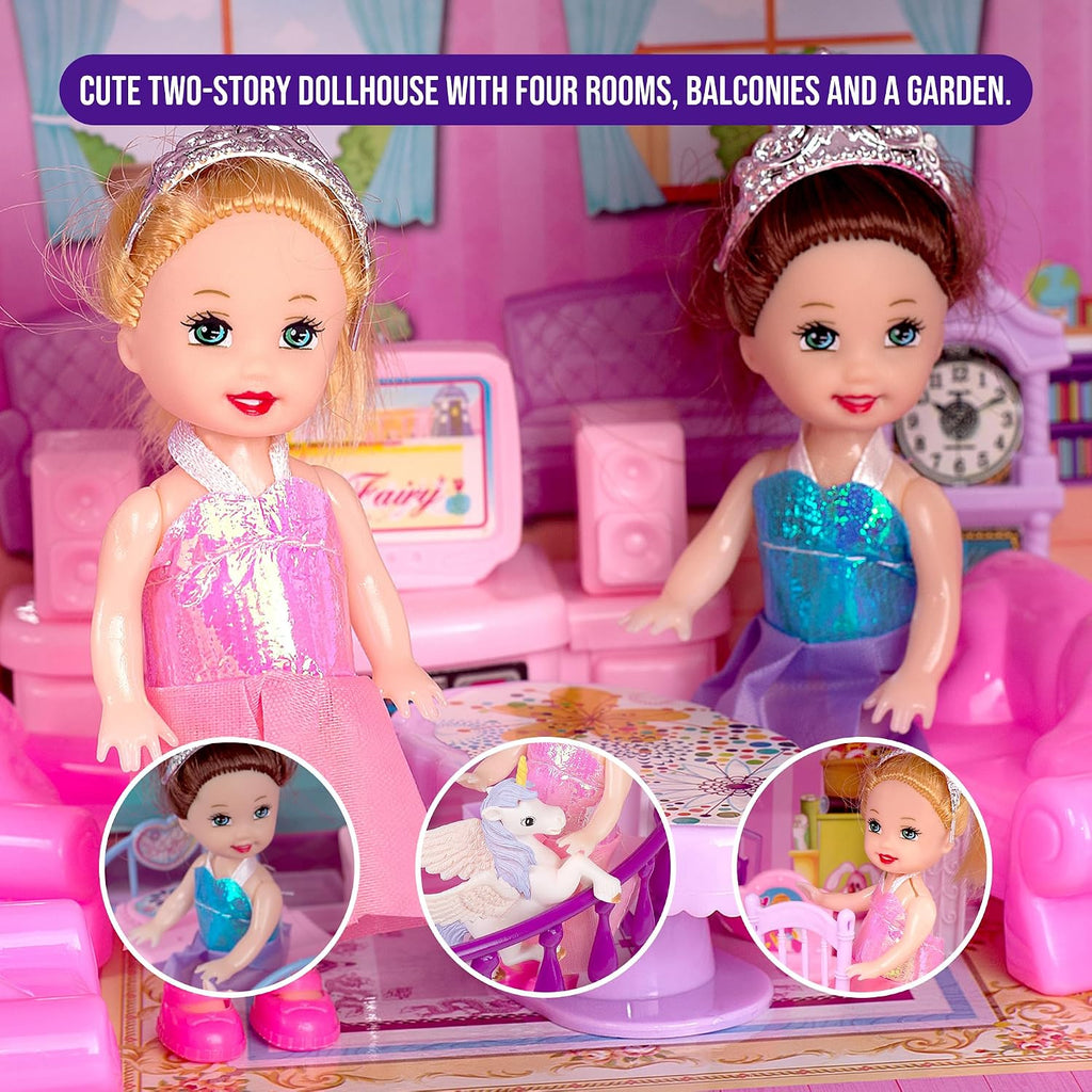 Casa de muñecas con 2 princesas, 4 unicornios, perro, muebles y accesorios – Casa de muñecas de ensueño rosa y morado juguete para niñas pequeñas – 5 habitaciones con jardín, muebles y accesorios
