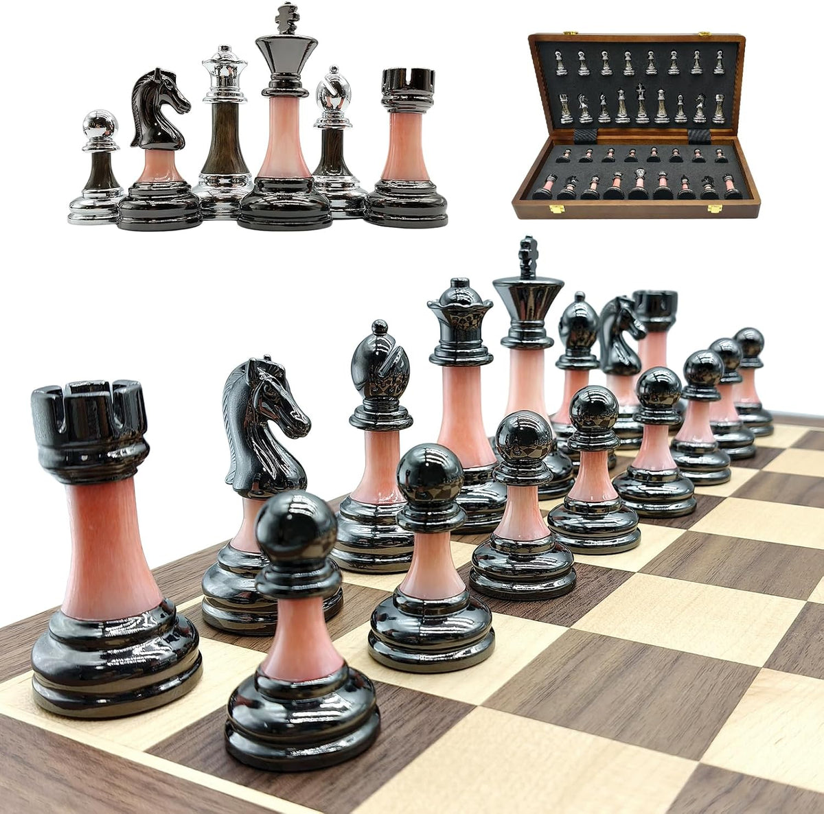Juego de ajedrez de madera plegable grande de 17 pulgadas con piezas