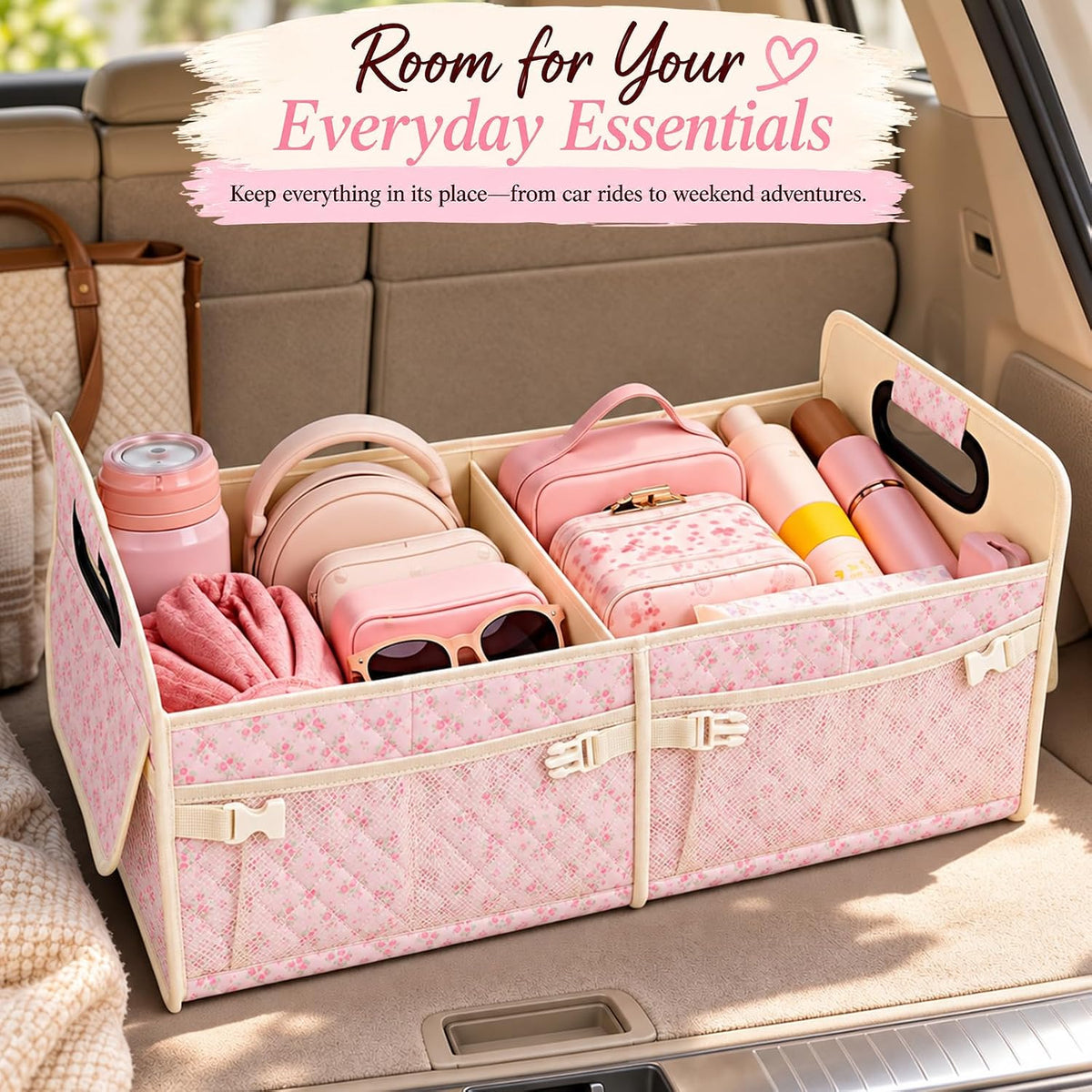 Organizador de Maletero para Coche con Tejido Acolchado y Estampado Floral para Mujeres, Almacenamiento SUV