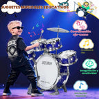 Juego de batería mejorada para niños de 3 a 5 años, kit de batería de jazz con taburete, platillo y pedal de pie, juguetes musicales para niños y niñas, regalos de cumpleaños