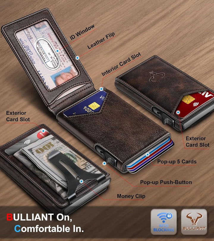 Cartera Bulliant para hombre, cartera con clip de dinero delgada pa...