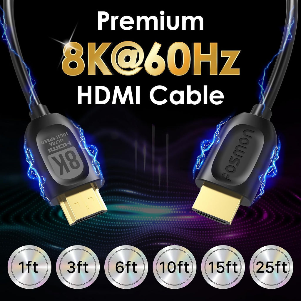 Fosmon - Cable HDMI de 8 K, 25 pies de largo, cable ultra-alta velocidad HDMI 2.1, 48 Gbps, 8 K a 60 Hz, 4 K a 120 Hz, compatible con TV UHD, HDTV, streaming, laptop, PC, monitor, proyector, Blu-ray