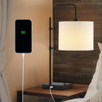 Lámpara JONATHAN Y Lámpara de trabajo LED de metal industrial negro de 24.75 pulgadas con puerto de carga USB, lámpara de mesa minimalista moderna de 16 pulgadas de ancho con pantalla de lino blanco, cabeza