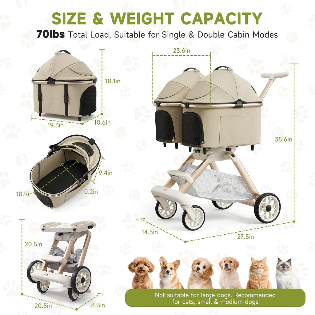 Paseador doble para mascotas con 2 transportines desmontables para perros y gatos pequeños y medianos