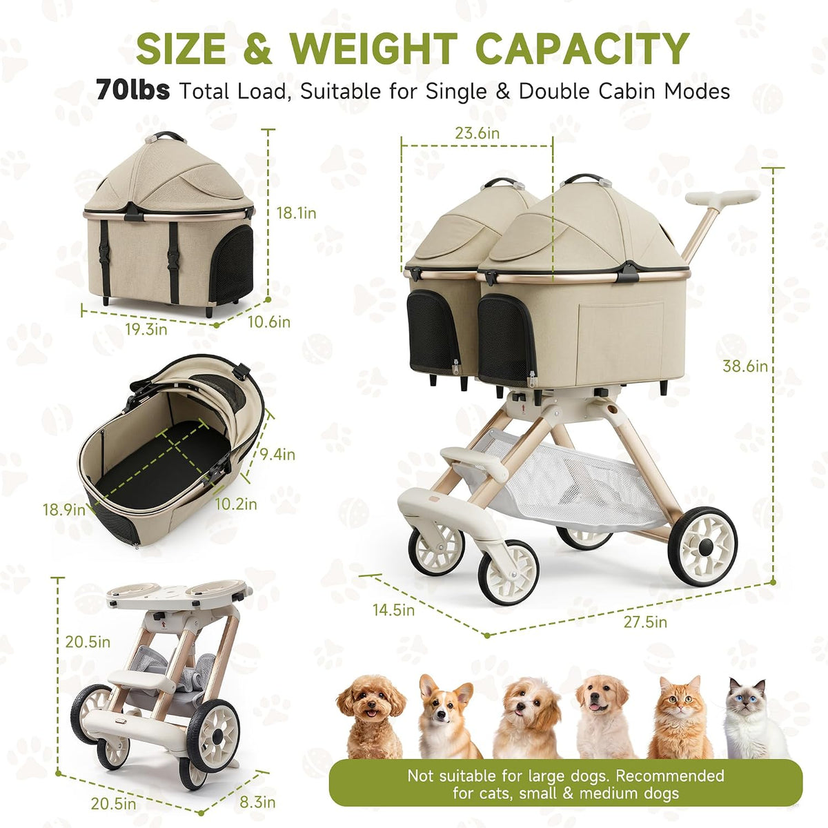 Paseador doble para mascotas con 2 transportines desmontables para perros y gatos pequeños y medianos