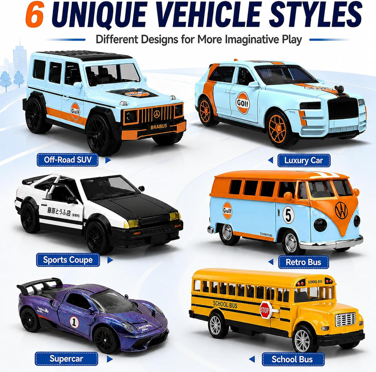 Juguetes de camión de aleación 1:32 para niños, 6 unidades de autos fundidos a presión con mapa de ruta, señales de tráfico y luz, juego de vehículos de juguete, cumpleaños para niños y niñas