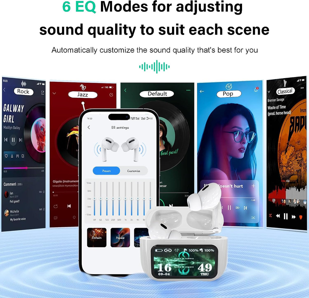 ONES MusPlayE - Auriculares inalámbricos AI, traductor AI, Bluetooth 5.4 con pantalla táctil, cancelación activa de ruido, conexión con aplicación, bajos de alta fidelidad, para iPhone, Android
