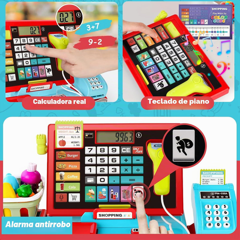 Kids Cash Register con Scanner, Role-Play Toys para Children 3-8 | Microphone, Shopping Basket, 52 Shop Accessories,Play Money, Pretend Play Children's Cash Register (Blue)
