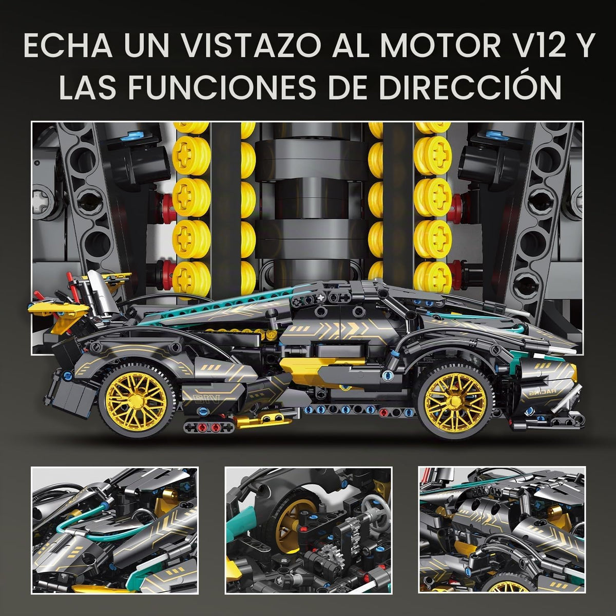 JSINMA Technic Sports Car Building Blocks Juguetes para niños o adultos Kits 1:14 MOC Lambo V12 Juego de construcción Speed Champions Racing Modelo de vehículo para niños de 10, 12 y 14 años (1012 piezas)