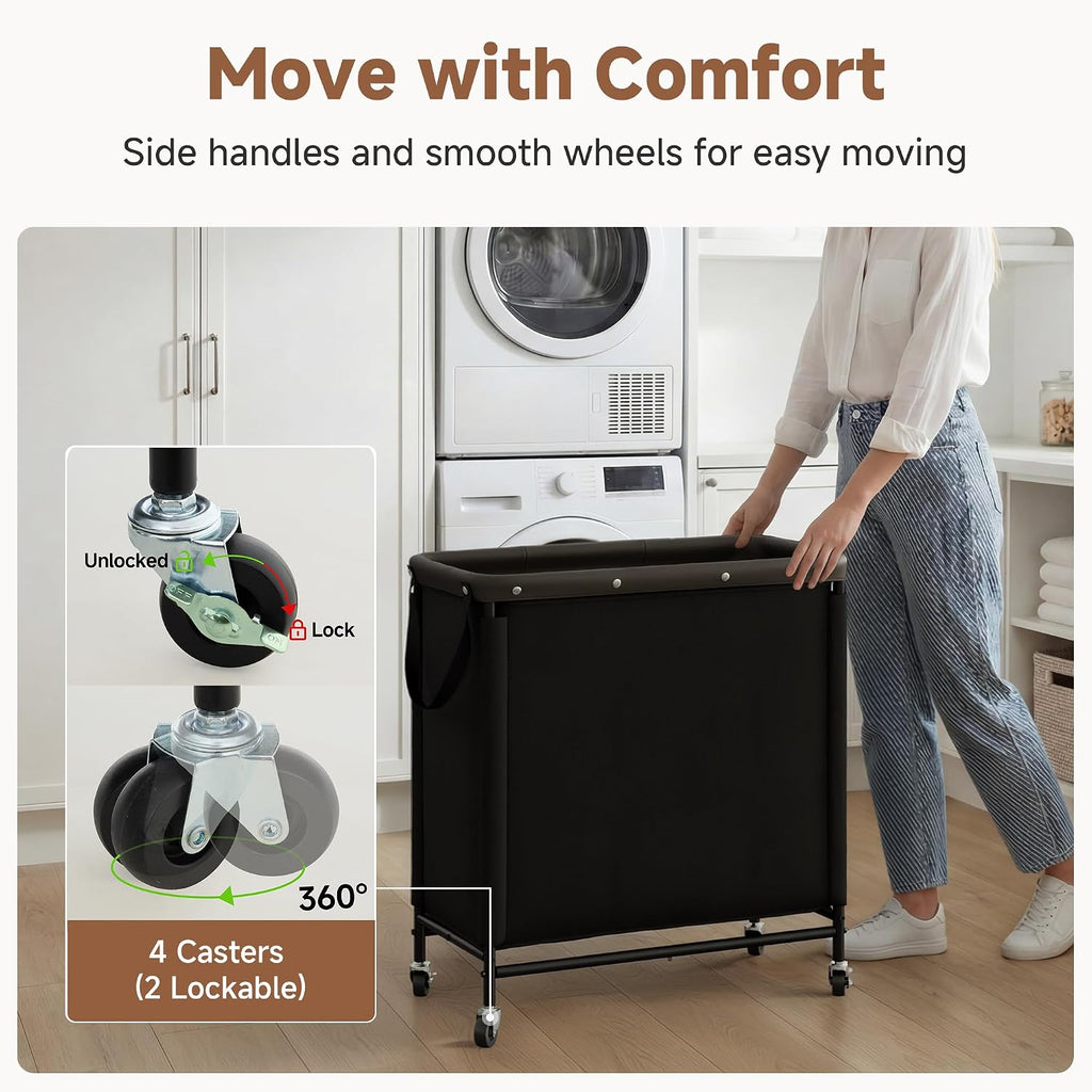 StorageWorks Cesta de lavandería de 3 secciones, carrito clasificador negro