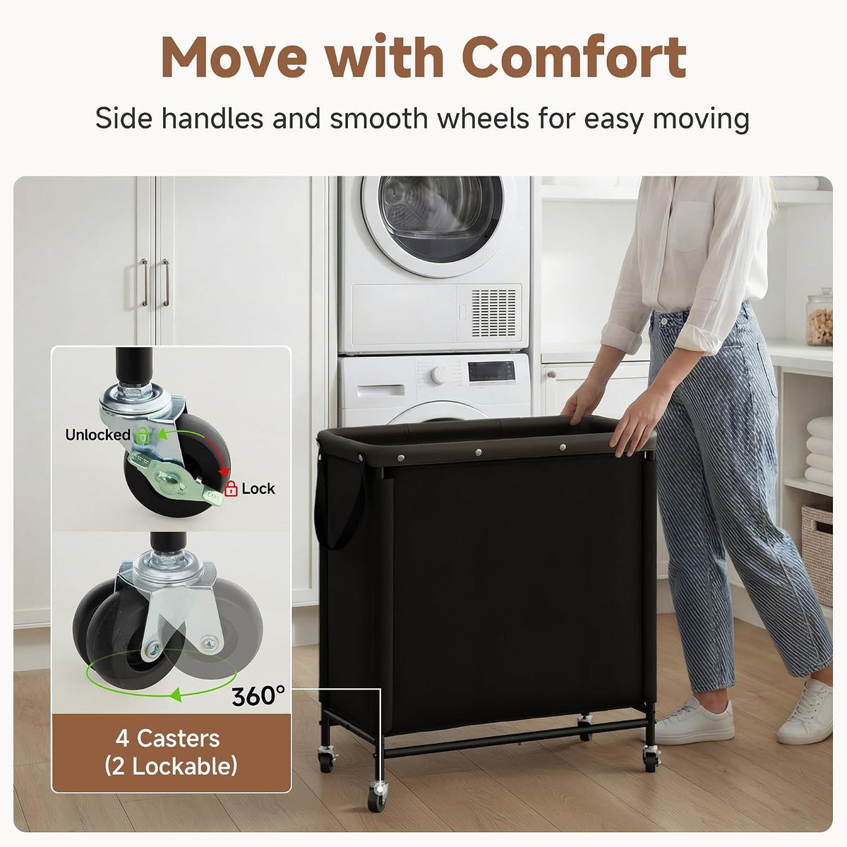 StorageWorks Cesta de lavandería de 3 secciones, carrito clasificador negro
