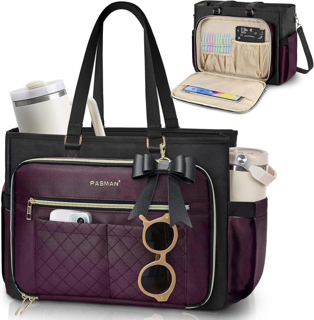 PASMAN Bolsa de mano para profesores para mujer, bolsa estructurada, Púrpura, 15.6 pulgadas