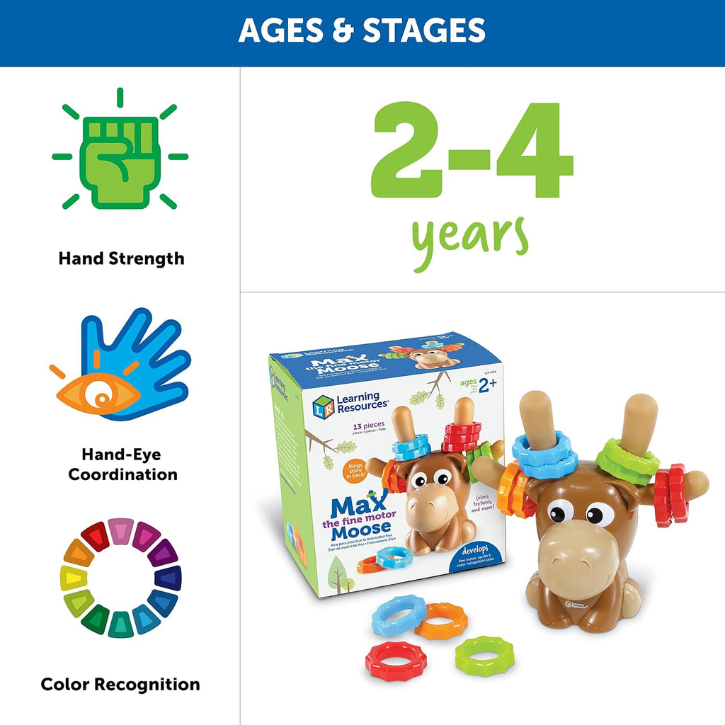 Learning Resources Max el Alce de Habilidades Motoras Finas - 13 Piezas, a partir de 2 años, juguetes de aprendizaje para niños pequeños, juguete de habilidades motoras finas para niños pequeños