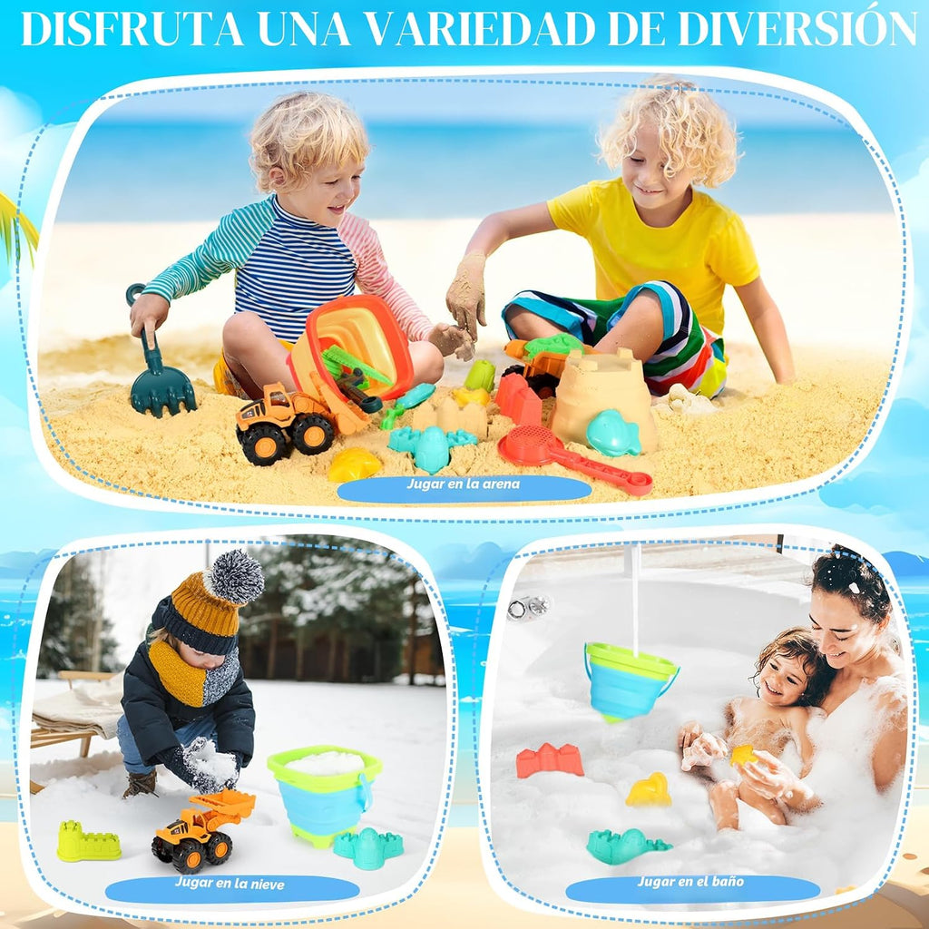 Juguetes de arena de playa, 29 piezas esenciales de viaje para la playa para niños y niñas de 3 a 10 años