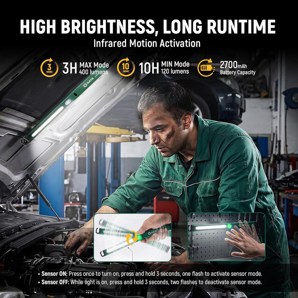 SATA Luz de inspección LED ultradelgada estilo regla con parte trasera magnética, 400LM, 2700mAh, luz de trabajo SMD recargable para debajo del capó, reparación automática, garaje, taller