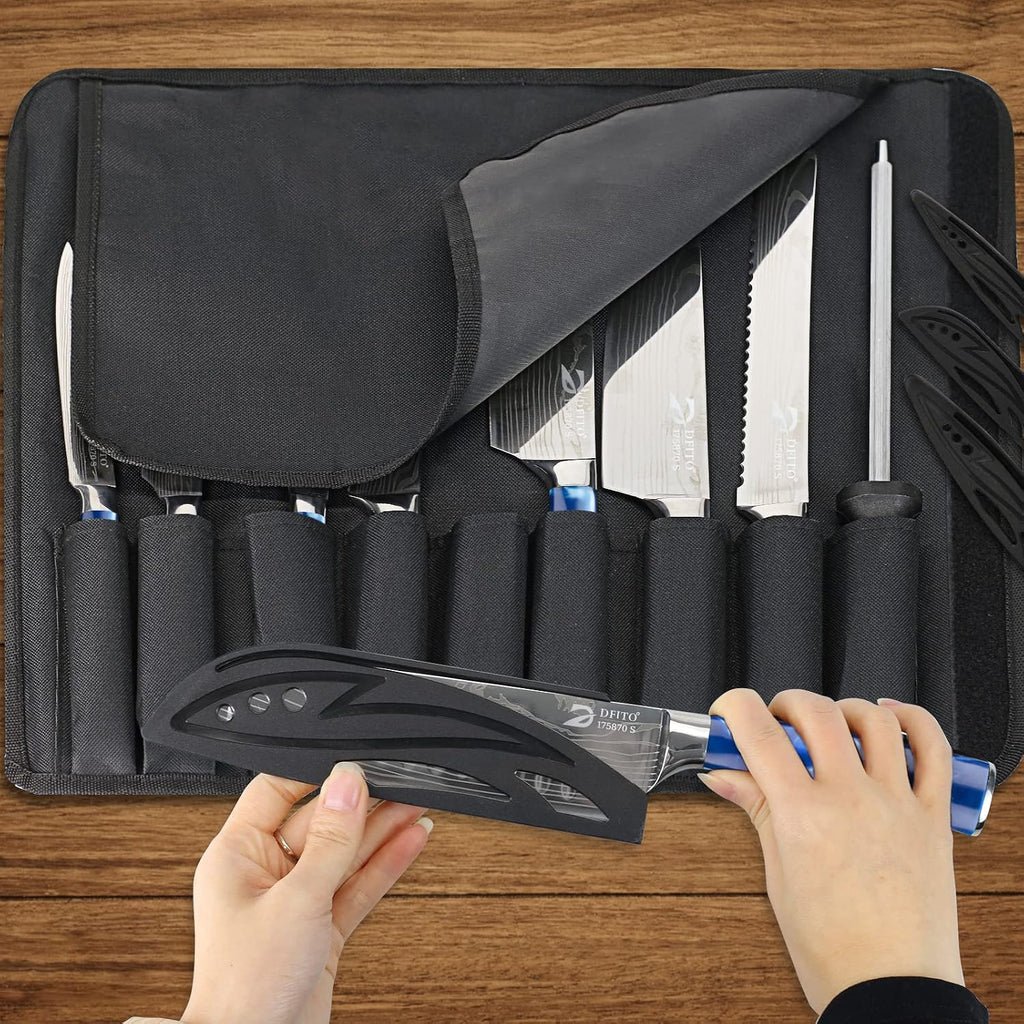 Juego de cuchillos de chef con bolsa de rollo, juego de cuchillos profesionales de 9 piezas