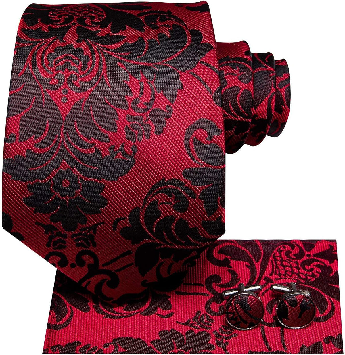 Hi-Tie - Juego de 3 piezas para hombre, incluye corbata, pañuelo de bolsillo, gemelos y pin de solapa, colección de corbata de seda