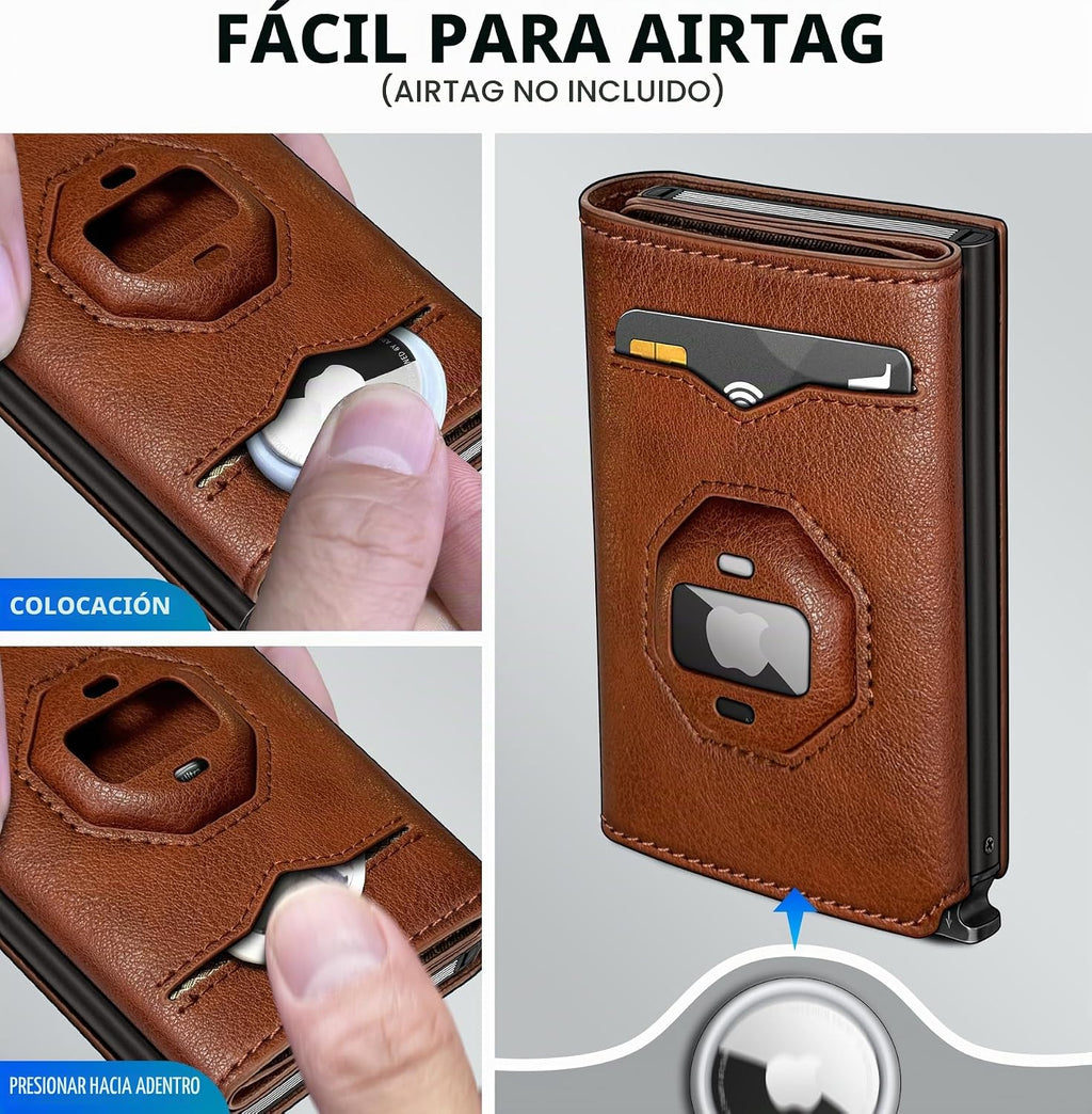Billetera para Airtag para hombre, con bolsillo para efectivo, 2 ventanas de identificación, más de 10 tarjetas, funda de metal inteligente, delgada, con cierre magnético, bloqueo RFID