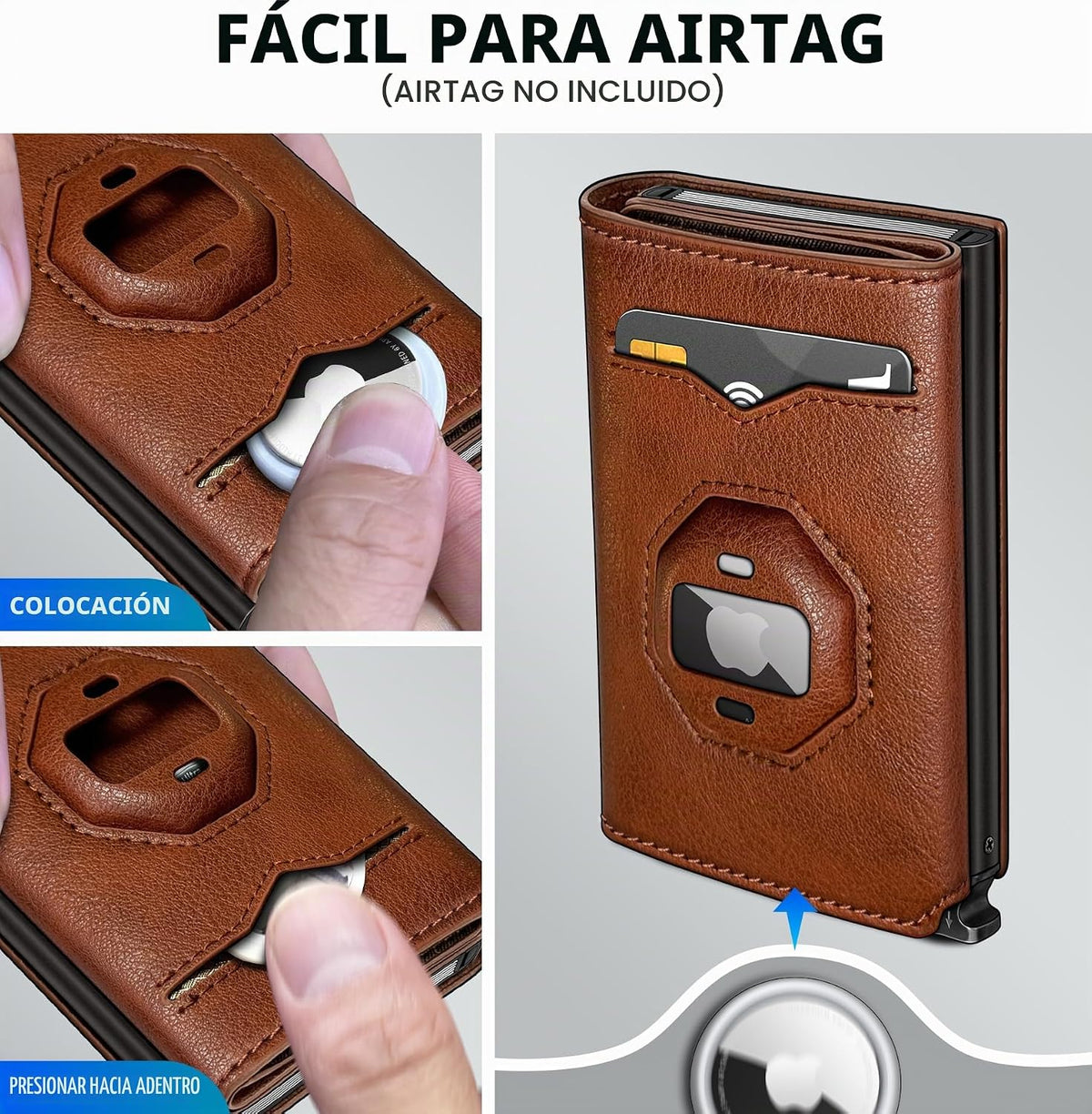 Billetera para Airtag para hombre, con bolsillo para efectivo, 2 ventanas de identificación, más de 10 tarjetas, funda de metal inteligente, delgada, con cierre magnético, bloqueo RFID