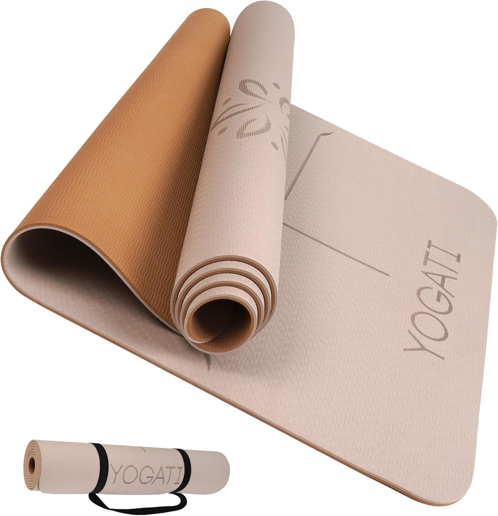 YOGATI® Esterilla de Yoga con Correa con Líneas de Alineación. Esterilla de Entrenamiento en Casa para Mujeres, Hombres y Niños. Esterilla de Yoga Gruesa Antideslizante para Pilates y Fitness