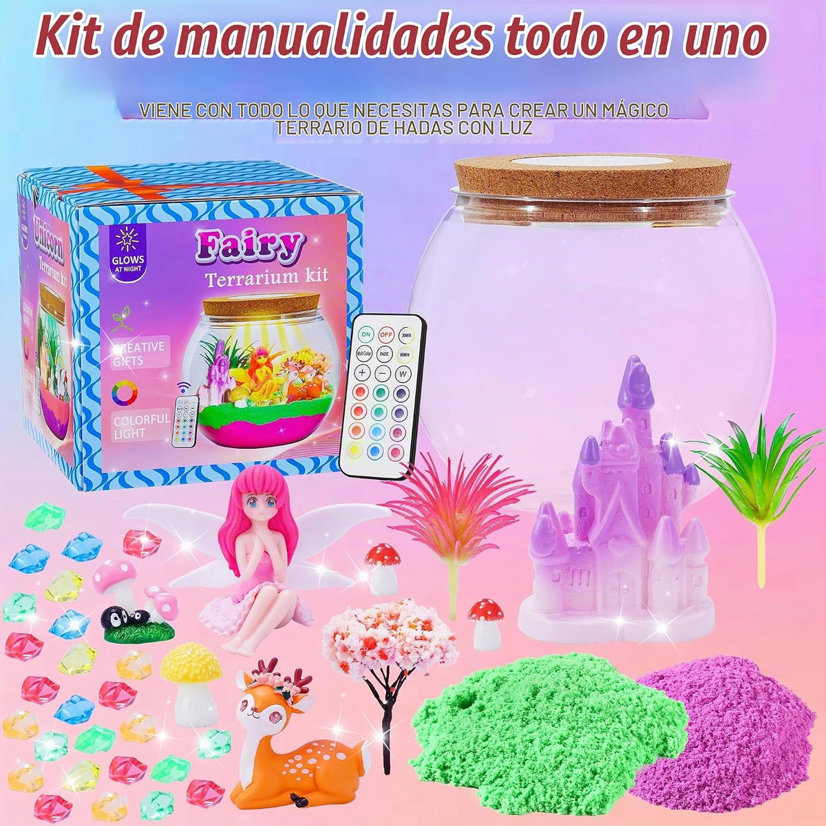 Gifmore Kit de terrario iluminado de hadas para niñas, juego de juguetes de manualidades de jardín de hadas, regalos de cumpleaños de ensueño para niñas de 4 a 12 años