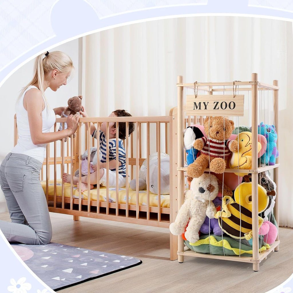 Almacenamiento de Animales de Peluche Zoo, Organizador de Animales de Peluche de Madera con Cuerdas Elásticas para Niños y Niñas, Soporte de Almacenamiento de Juguetes de Peluche que Ahorra