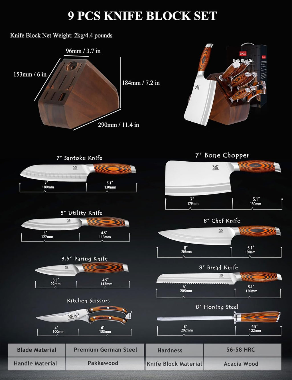 Juego de 9 piezas de cuchillos de cocina con bloque, juego de cuchillos de acero alemán con picador de huesos, mango de madera de Pakka preciosa para juego de cuchillos de chef