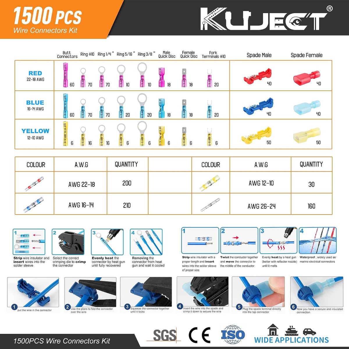 Kuject Conectores de alambre termorretráctiles, kit de conectores de pala eléctrica impermeables de 1500 piezas, anillo de crimpado aislado, terminal de espada de horquilla