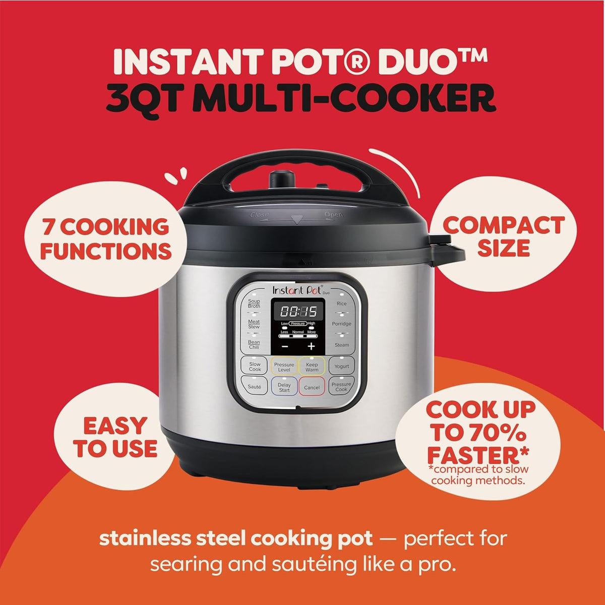 Instant Pot IP-DUO60, 6cuartos/1000W - Olla a presión multifunción 7 en 1, Acero inoxidable y negro
