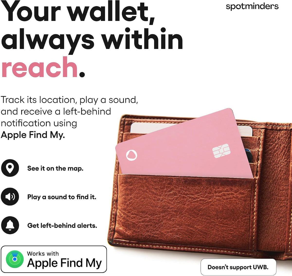 SPOTMINDERS - Cartera de tarjeta de crédito con certificación MFi de Apple, color rosa (solo iOS), esencial de viaje para mujer, funciona con Apple Find My Tarjeta de seguimiento recargable, IP68, 0.07 pulgadas, buscador de artículos delgado para