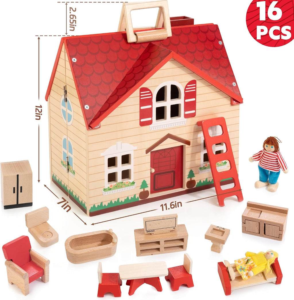 WOODMAM Casa de muñecas plegable de madera con muebles para juegos de