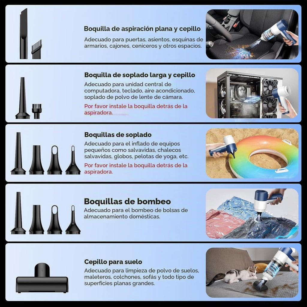 Aspiradora de coche/plumero de aire portátil inalámbrica – Aspiradora de mano de alta potencia de 16000 PA con motor sin escobillas de 85,000 RPM, mini aspiradora recargable 4 en 1, soplador y bomba