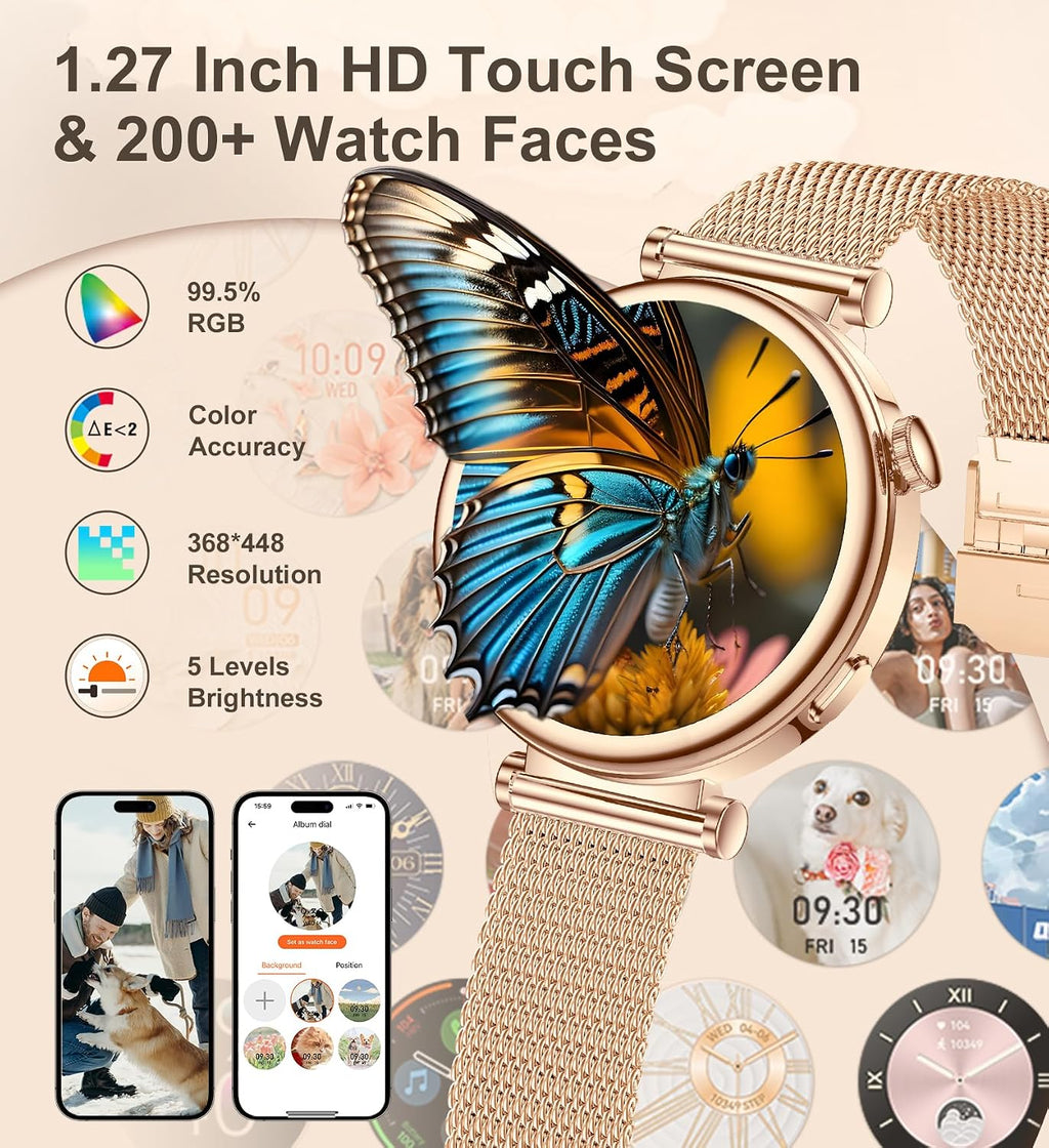Iaret - Reloj inteligente para mujer, contestar/hacer llamadas, monitor de actividad física de 1.27 pulgadas con monitor de frecuencia cardíaca, sueño, SpO2, reloj inteligente para iPhone Android, más de 110 modos deportivos, elegante reloj para mujer