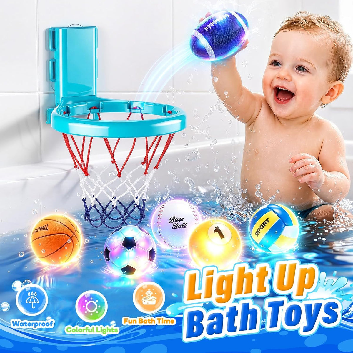 Juguetes de baño, juguete iluminado para bañera para niños pequeños de 1-3 años, 6 piezas con aro de baloncesto