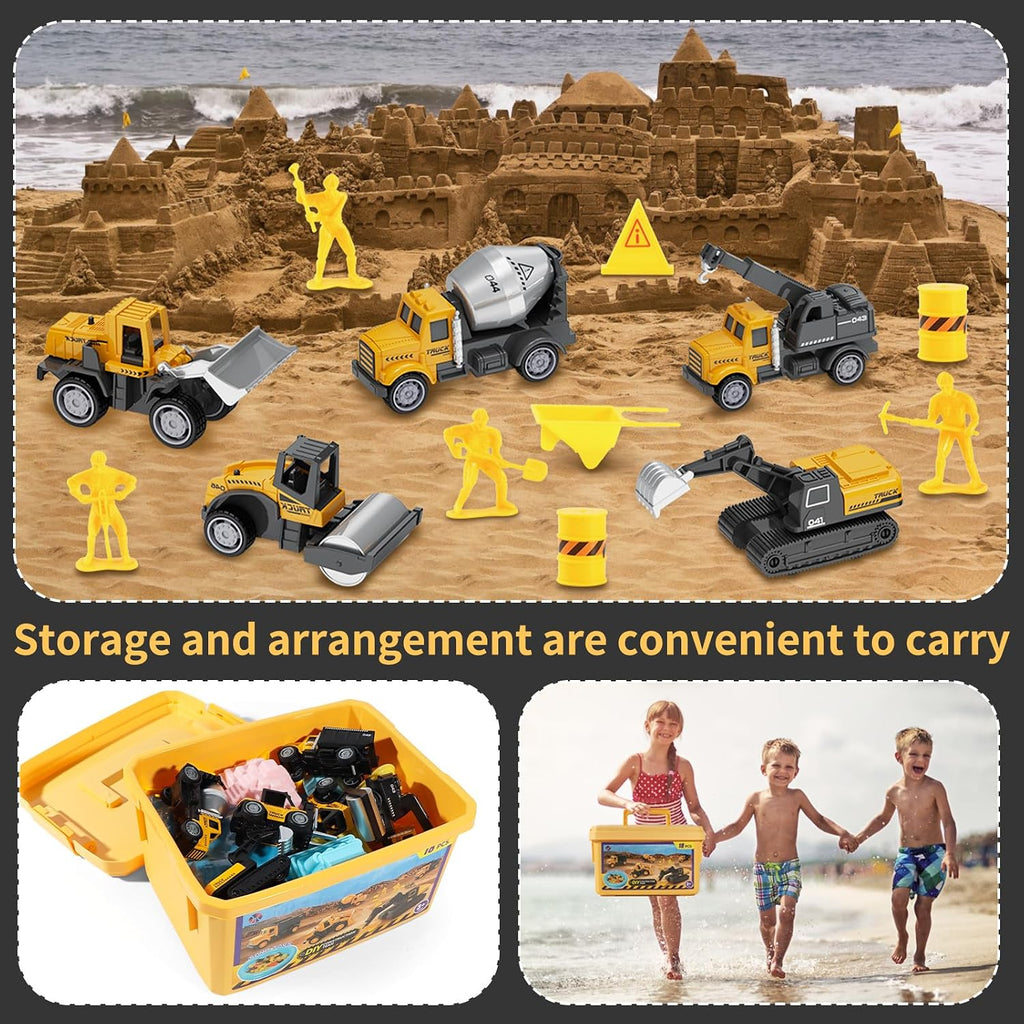 HONGTUO - Kit de arena de construcción para niños, arena sensorial con camiones de construcción y moldes de castillo, área de juego de arena inflable y cubo sensorial