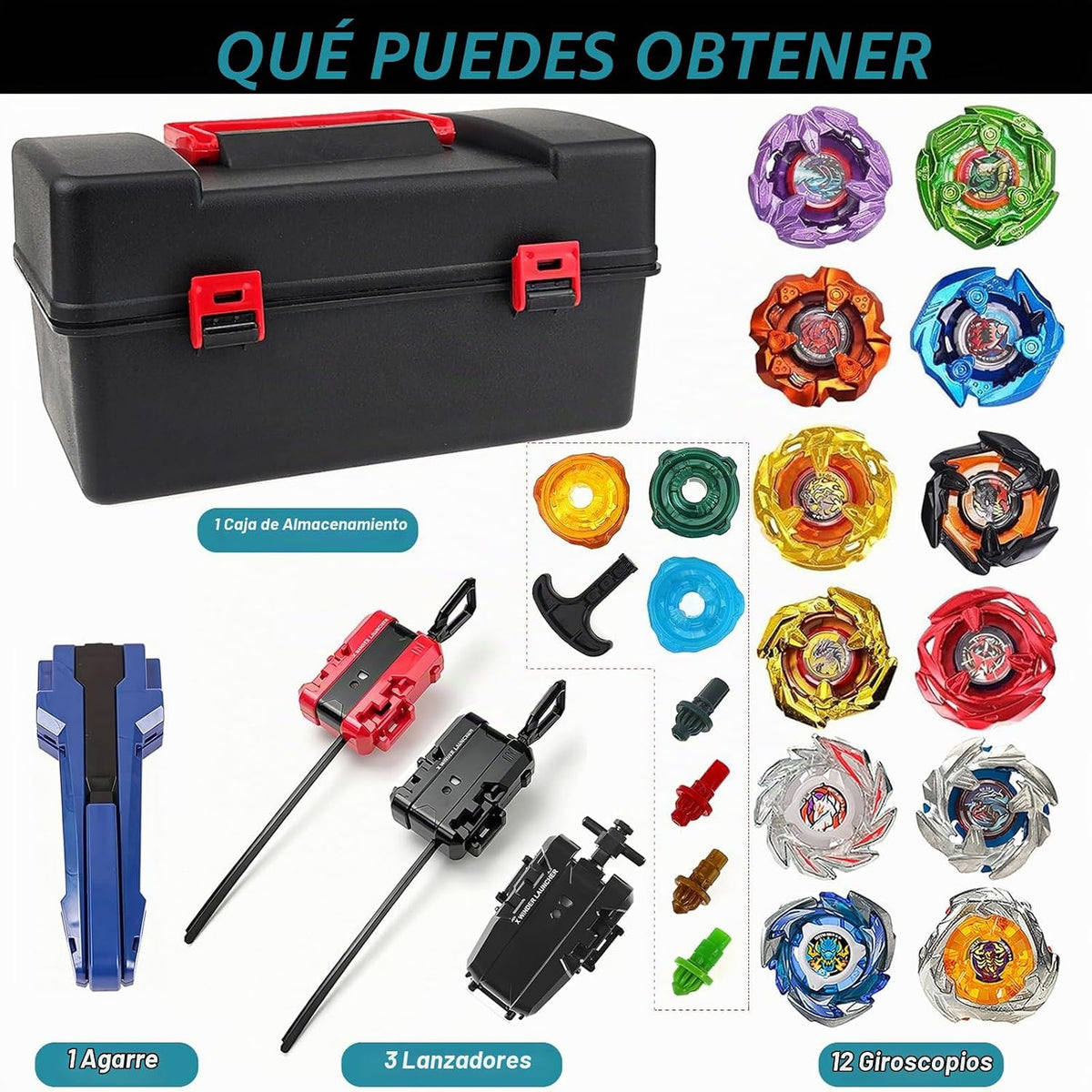 X Battling Tops Set, 12 tops giratorios derechos, 3 lanzadores y 1 agarre con estuche de almacenamiento portátil, juego Gyro Battle Arena regalo para niños y niñas a partir de 6 años